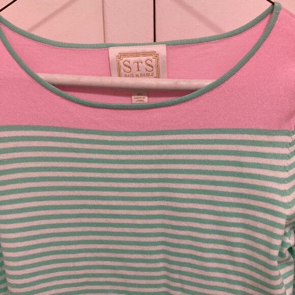 Sail To Sable Cotton Blend Knit Dress with Long Sleeves. Mint green/pink stripe. - Picture 3 of 8